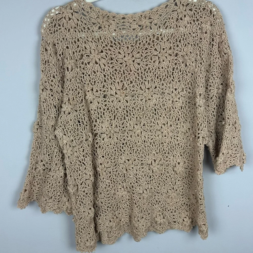 Handmade Crochet Knit Floral Sweater Top – Beige Boho Open Knit – Fits Like M